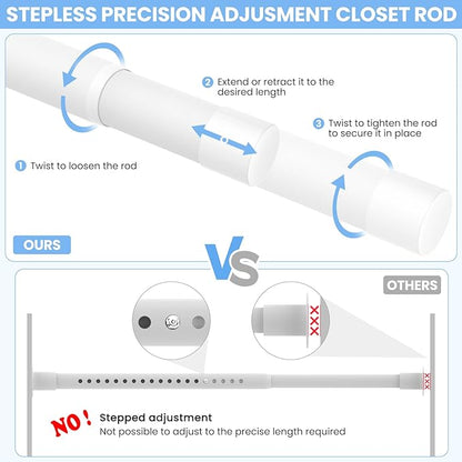 2 Pack Closet Rods for Hanging Clothes, 17 to 54 Inch Heavy Duty Stepless Adjustable Closet Hanging Rod, 1.3 Inch Diameter Metal Closet Rod for Wardrobes Laundry Bedroom RV, White
