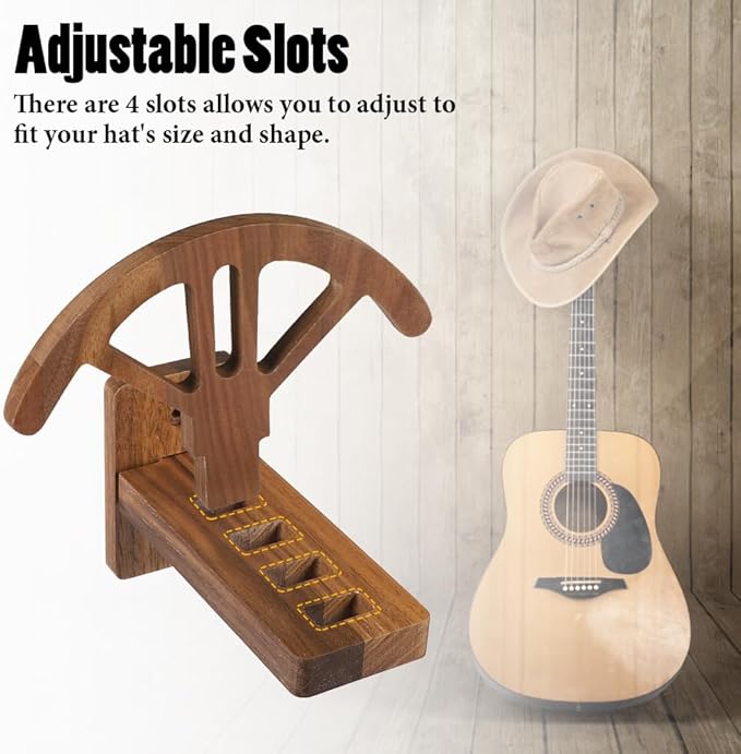 2 PCS Adjustable Cowboy Hat Rack Holder, Wooden Wall Mount Stand, Keep Original Shape of Hat with 4 Speed Adjustable Western Hat Display for Storage Fedoras Hats (Walnut)