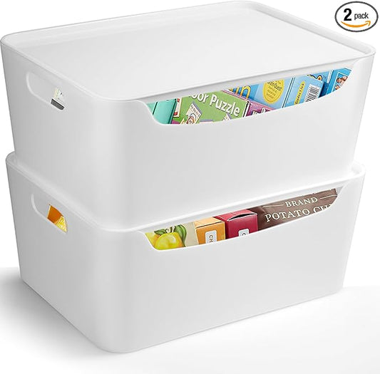 White Small Storage Bins with Lids 2 Pack for Organization for Pantry Bathroom Shelves Closet Cabinets, Stackable Plastic Storage Basket with Lid, Lidded Organizing Bin Containers for Shelf and Crafts