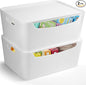 White Small Storage Bins with Lids 2 Pack for Organization for Pantry Bathroom Shelves Closet Cabinets, Stackable Plastic Storage Basket with Lid, Lidded Organizing Bin Containers for Shelf and Crafts