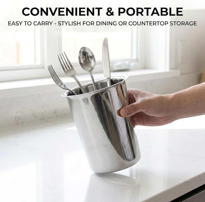 Yosoo Health Gear Kitchen Utensil Holder Spoon Fork Holder Storage Bucket, Multipurpose Large Capacity Utensil Crock for Countertop, Stainless Steel Utensil Holder 4.5*4.5*5.4in (Without Holes)