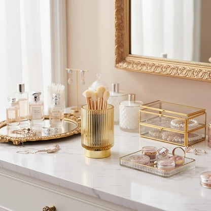 Vintage Makeup Brush Holder Organizer,Dresser Glass Brushes Holder,Vanity Cosmetic Brush Holder,Desktop Crystal Eyeliners Eyebrow Pencil Storage Cup Holder for Countertop (Large Amber)
