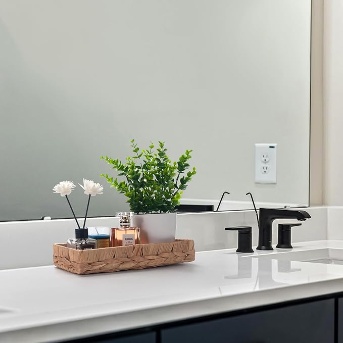 Woven Bathroom Vanity Tray for Storage Water Hyacinth Back of Toilet Basket Long Narrow Guest Towel Holder (Natural 10.2 x 4.9 x 1.8 inch)