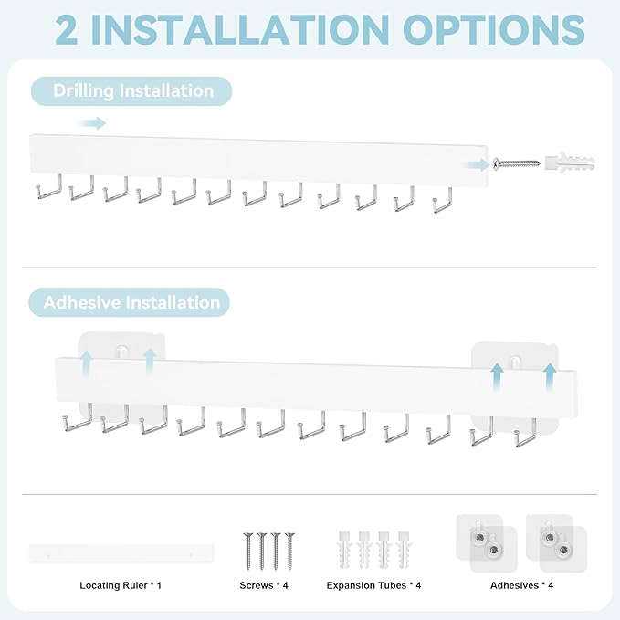 Tie Rack Wall Mount, Adhesive Wooden Closet Tie Hanger with 24 Metal Hooks, Large Capacity, 2 Installation Options, White, 2 Pcs