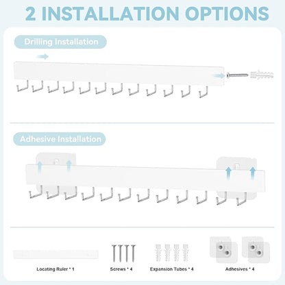Tie Rack Wall Mount, Adhesive Wooden Closet Tie Hanger with 24 Metal Hooks, Large Capacity, 2 Installation Options, White, 2 Pcs