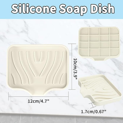 2 Pack Silicone Soap Dish with Drain, Self Draining Bar Soap Holder for Shower, Silicone Dish Soap Tray, Bathroom and Kitchen Sink Organizer, Beige