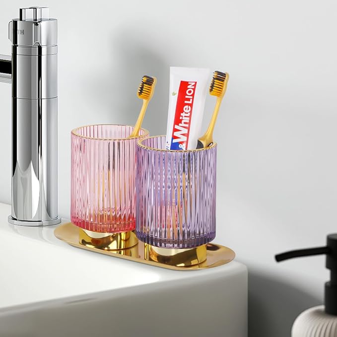 Glass Makeup Brush Holder, Purple Makeup Brush Holder for Vanity, Toothbrush Holders for Bathrooms, Desktop Makeup Organizer for Cosmetic, Brushes, Pen, Pencil