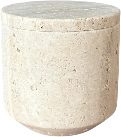 Natural Marble Hole Stone Cosmetic Cotton Swab Sundry Small Tank Storage Box Jar with Lid (Yellow Travertine)