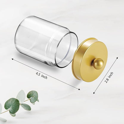 Amolliar Qtip Holder Dispenser -8oz Plastic Apothecary Jar Containers for Vanity Makeup Countertop Organizer Storage -Bathroom Canister Accessories Set for Cotton Swab, Ball, Pads, Floss-Gold (2)