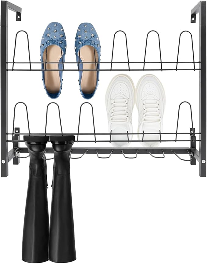 DouSeiAi Metal Wall Mounted Shoe Rack – 3-Tier Hanging Shoe Organizer with 18 Hooks, Space-Saving Boot & Shoe Holder for Walk in Closet, Mudroom, Entryway, Garage, Holds 9 Pairs