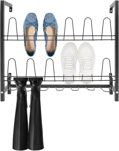 DouSeiAi Metal Wall Mounted Shoe Rack – 3-Tier Hanging Shoe Organizer with 18 Hooks, Space-Saving Boot & Shoe Holder for Walk in Closet, Mudroom, Entryway, Garage, Holds 9 Pairs