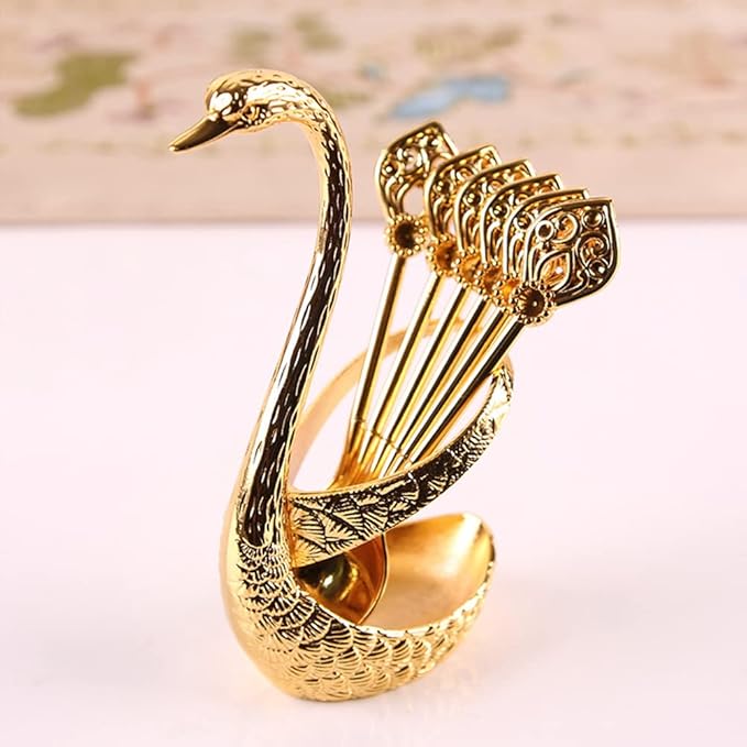 Coffee Spoon Set With Holder, Swan Spoon & Fork Holder, Elegant and Charming Decorative Spoons Organizer Serving Kit, Durable Spoons Coffee Station Storage Organizer(COLOR:Gold)