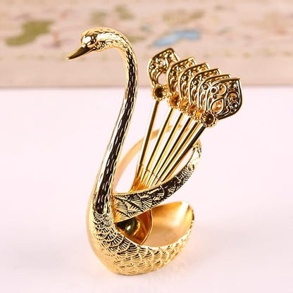 Coffee Spoon Set With Holder, Swan Spoon & Fork Holder, Elegant and Charming Decorative Spoons Organizer Serving Kit, Durable Spoons Coffee Station Storage Organizer(COLOR:Gold)
