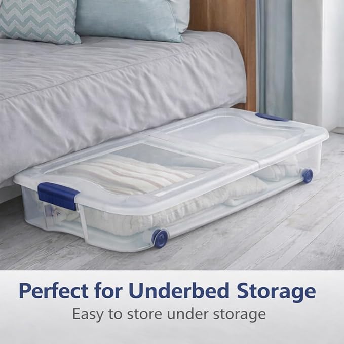 66 Quart Underbed Storage Bin with Wheels & Clear Lid, Under Bed Storage Container for Blankets, 39.5" x 20.25" x 7", Split-Lid Design & Smooth Gliding Wheels