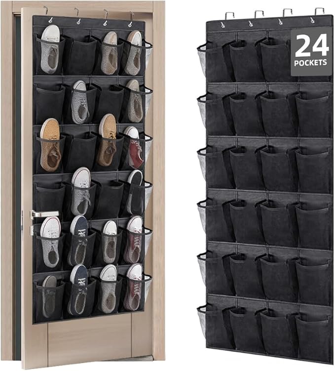 Over the Door Shoe Organizer with 28 Breathable Mesh Pockets - Hangs on Closets for Shoes, Accessories,Back to School Organizer for Dorm Room College Classroom Storage (Black)
