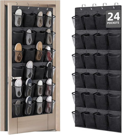 Over the Door Shoe Organizer with 28 Breathable Mesh Pockets - Hangs on Closets for Shoes, Accessories,Back to School Organizer for Dorm Room College Classroom Storage (Black)