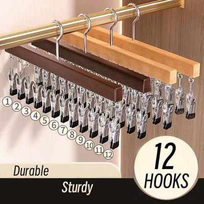 Legging Organizer for Closet - 24 Clips Yoga Pants Hangers Space Saving, Wood Hanging Closet Organizers and Storage for Leggings, Jeans, Skirts, Hats, Shorts, Socks - 360° Rotating（2 Pack Wood）