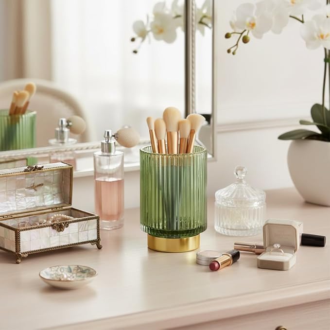 Glass Makeup Brush Holder, Green Makeup Brush Holder for Vanity, Toothbrush Holders for Bathrooms, Desktop Makeup Organizer for Cosmetic, Brushes, Pen, Pencil