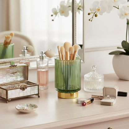 Glass Makeup Brush Holder, Green Makeup Brush Holder for Vanity, Toothbrush Holders for Bathrooms, Desktop Makeup Organizer for Cosmetic, Brushes, Pen, Pencil