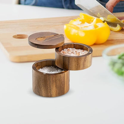 Salt Cellar with Lid | Pepper Container with Magnetic Swivel Lid,2-Layers Wooden Cellar Bowl with Spoon for Storage Pepper Coffee Sugar Pickling Kitchen Countertop Dining Table