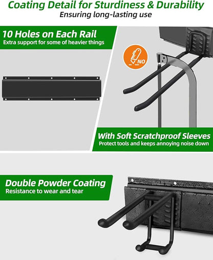 PIYILO Garden Tool Organizer 48 in with 18 Garage Hooks, Heavy Duty Garage Wall Hooks for Hanging Ladder, Bike, Tool Storage Rack for Yard Tools, Shovel, Shed (23 Pack)