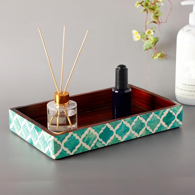 Handicrafts Home 10"x6" Vanity Tray for Bathroom Countertop, Moroccan Bone Inlay Decorative Organizer Tray for Perfume, Jewelry, Cosmetics & Dresser Decor, Rectangular Catchall Tray, Green White