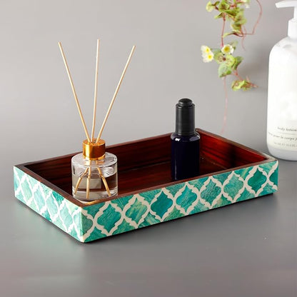Handicrafts Home 10"x6" Vanity Tray for Bathroom Countertop, Moroccan Bone Inlay Decorative Organizer Tray for Perfume, Jewelry, Cosmetics & Dresser Decor, Rectangular Catchall Tray, Green White