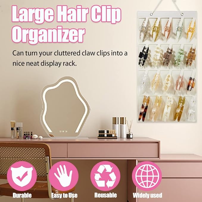 Claw Clip Organizer,Large Hair Clip Organizer,Premium Felt Hanging Claws Clips Storage Hanger for Girls Women Hair Clip,Banana Clip,Bows(NO Accessories) Display Stand for Wall Door Closet (Beige)