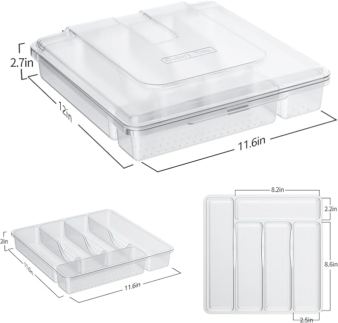 Utensil Holder for Countertop with Lid, Plastic Silverware Tray for Drawer, 5 Compartments Flatware Organizer,Transparent