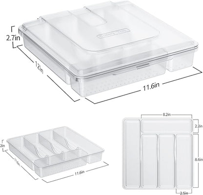 Utensil Holder for Countertop with Lid, Plastic Silverware Tray for Drawer, 5 Compartments Flatware Organizer,Transparent