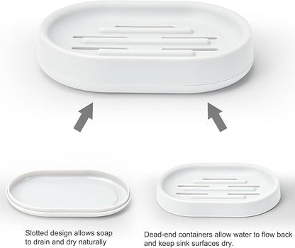 Topsky 2 Pack Soap Dish for Shower, Sink, Bathtub, Oval Plastic White Soap Bar Holder with Drain, Easy to Clean, Durable