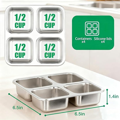 4 Pack Stainless Steel Snack Containers with Lids, Lunchable Container 4 Compartment Snack Containers, Small Bento Lunch Box Divided Food Storage for Portion Control Meal Prep Reusable Snackle