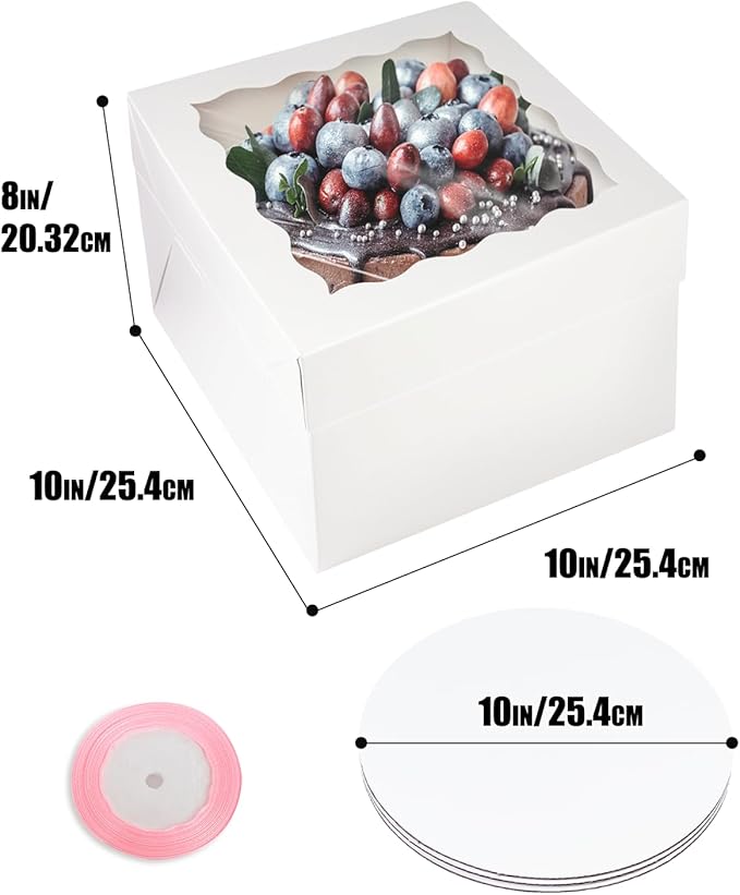 qiqee White 10x10x8 Cake Box, 4 Sets Cake Box with Window ＆ 4 Sets 10" Cake Round Boards, 10inch Cake Containers, 10 Meters Pink Silk Ribbon Includes