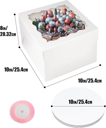 qiqee White 10x10x8 Cake Box, 4 Sets Cake Box with Window ＆ 4 Sets 10" Cake Round Boards, 10inch Cake Containers, 10 Meters Pink Silk Ribbon Includes