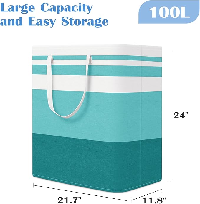 BlissTotes 3-Pack Laundry Basket, Freestanding＆Waterproof Laundry Hamper, Collapsible Tall Clothes Hamper with Easy Carry Handles for Clothes, Towels in the Family and Dorm,Gradient Green,100L