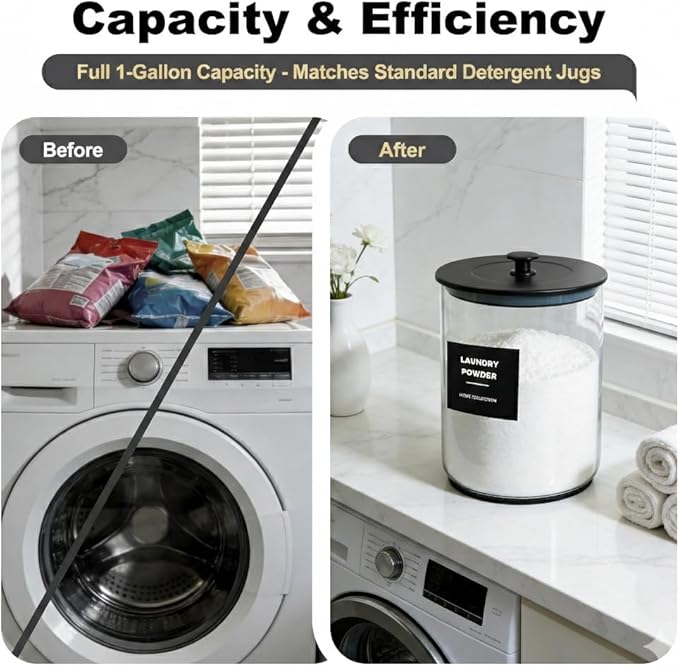 2 Pack 1 Gallon Glass Laundry Detergent Dispenser for Powder, 4L Large Laundry Pods Holder with Hygienic Plastic Lids & Metal Rim, Airtight Glass Canister Set with Scoops & Labels, Black