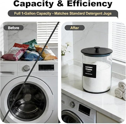 2 Pack 1 Gallon Glass Laundry Detergent Dispenser for Powder, 4L Large Laundry Pods Holder with Hygienic Plastic Lids & Metal Rim, Airtight Glass Canister Set with Scoops & Labels, Black