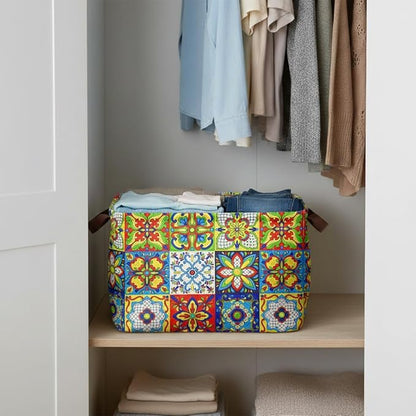 Mexican Talavera Decoration Storage Basket Waterproof Canvas Toy Storage Bin Collapsible Outdoor Basket with Leather Handles Mexican Talavera Decor Blanket Baskets For Closets,Bedrooms,Gifts Baskets