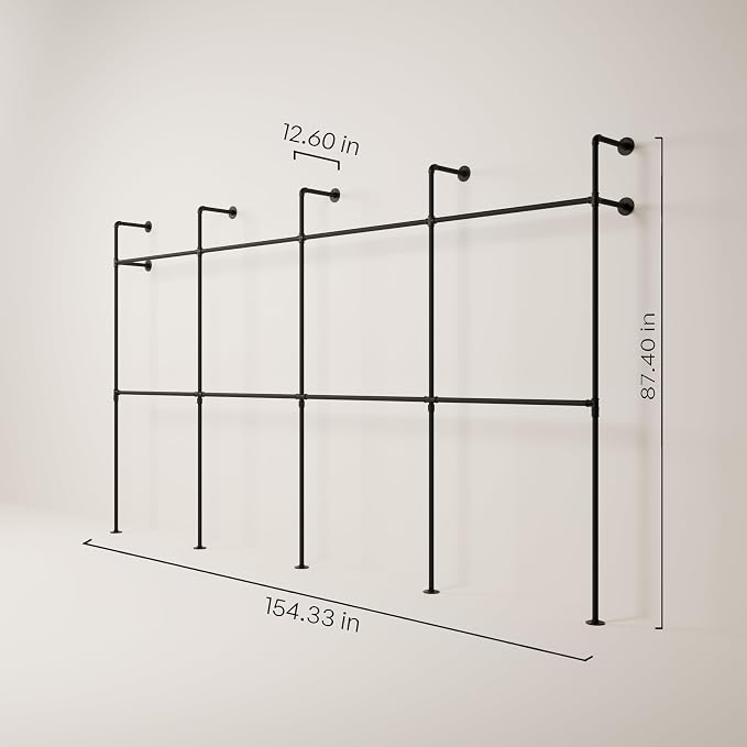 pamo Industrial Pipe Clothing Rack – Wall Mounted Black Closet System in Powder-Coated Steel – 154.33" W × 87.4" H – Easy Setup – Ideal for Walk-In Closets & Retail Use