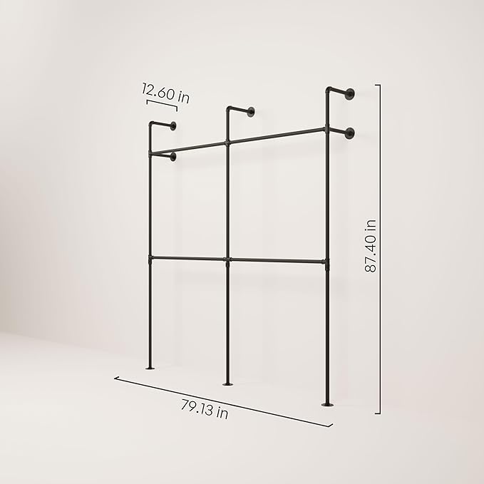 pamo Industrial Pipe Clothing Rack – Wall Mounted Black Closet System in Powder-Coated Steel – 79.13" W × 87.4" H – Easy Setup – Ideal for Walk-In Closets & Retail Use
