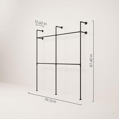 pamo Industrial Pipe Clothing Rack – Wall Mounted Black Closet System in Powder-Coated Steel – 79.13" W × 87.4" H – Easy Setup – Ideal for Walk-In Closets & Retail Use