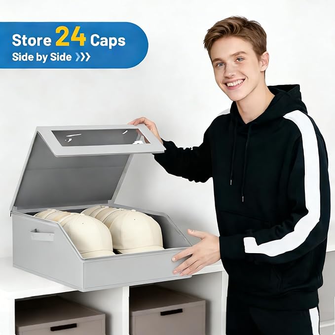 Hat Storage Box Organizer, 1-Pack, Stackable with Clear Windows, Holds 24 Baseball Caps, Grey