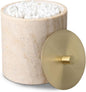 Nartural Marble Qtip Holder with Brass Lid, Beige Travertine Cotton Swab Jar, Modern Round Canister, Small Apothecary Storage Jars for Bathroom, Bedroom, Vanity, Kitchen Cabinet