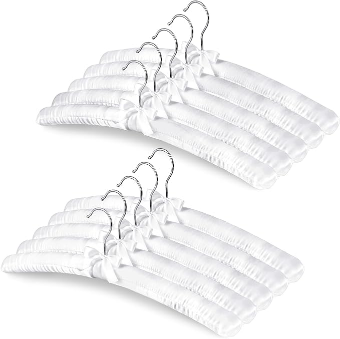 10 Pack Satin Padded Hangers, 17 Inch Large Anti Slip Cushioned Hanger, White Satin Hangers for Women, No Shoulder Bump Bride Hanger for Wedding Dress Sweaters Coat Women Clothes