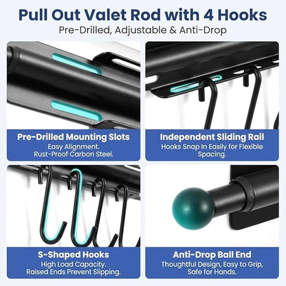 Valet Rod for Closet Pull Out, 12 Inch Retractable Slide Out Closet Rod with 4 Hooks, Heavy Duty Steel Extendable Adjustable Clothes Hanger Rod for Laundry Room, Wardrobe & Bathroom, Black