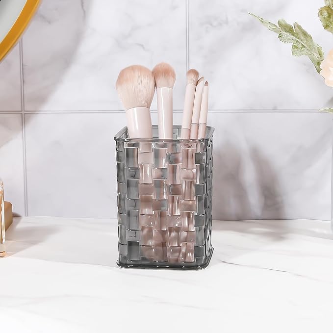 DASITON Makeup Brush Holder Organizer, Acrylic Makeup Brushes Storage Cup, Woven Texture Make Up Brush Holder for Vanity Bathroom Office, Pen Holder for Desk, Cosmetic Display Cases (Grey S)