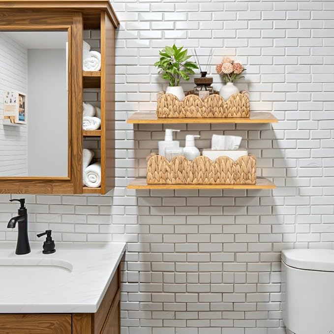 Kriitools Decorative Toilet Paper Storage Basket, Modern Farmhouse Home Decor Scalloped Basket for Organizing, Pantry Baskets for Shelves, Countertop, Living Room, w/Wood Handles, Natural, 2 Sizes