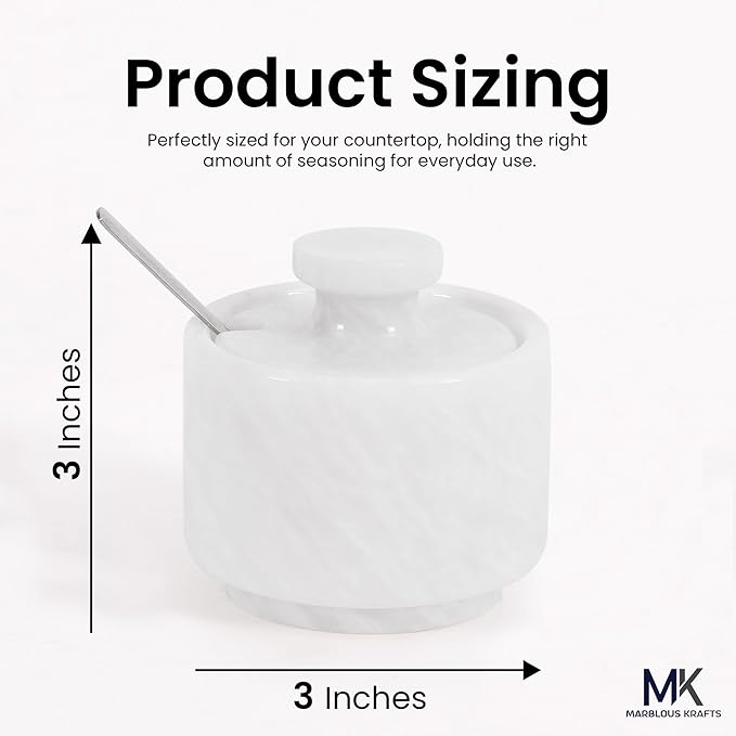 MARBLOUS KRAFTS Marble Salt Cellar with Lid & Spoon 3" White Small Flaky Salt Container, Seasoning Jar, Spice Storage Countertop, Ideal For Salt Box, Sugar Jar Kitchen Décor, Gift for Mom