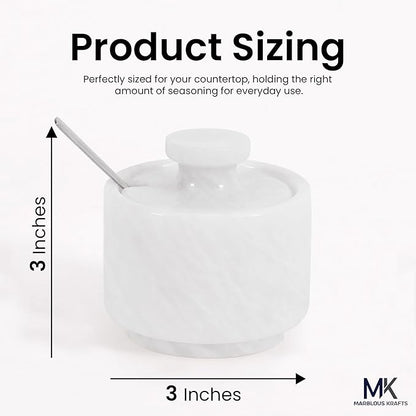 MARBLOUS KRAFTS Marble Salt Cellar with Lid & Spoon 3" White Small Flaky Salt Container, Seasoning Jar, Spice Storage Countertop, Ideal For Salt Box, Sugar Jar Kitchen Décor, Gift for Mom