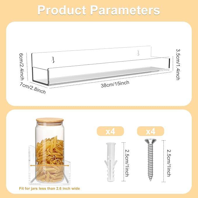 Acrylic Spice Rack Wall Mount 15 Inch Clear Floating Shelves Invisible Hanging Kids Bookshelf for Kitchen Office Bathroom (2 Pack)